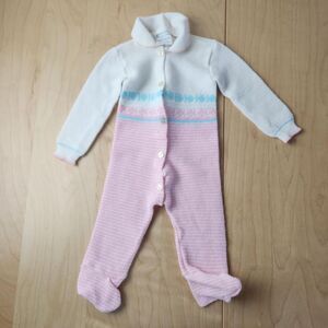 Vtg Baby Friemanit Knitted Footed Sleeper Pink White Blue Fish Measures 3 Months